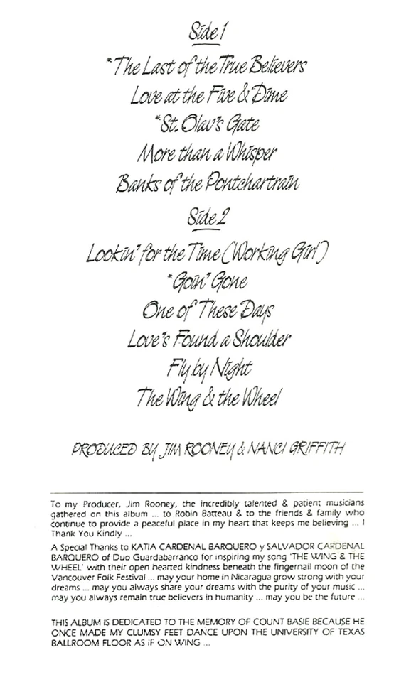 NANCI GRIFFITH LAST OF THE TRUE BELIEVERS CASSETTE ALBUM COUNTRY FOLK  - Image 3 of 4