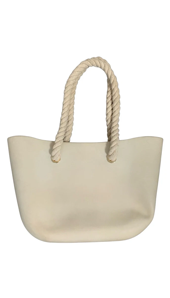 womens solid cream rubber tote bag rope straps