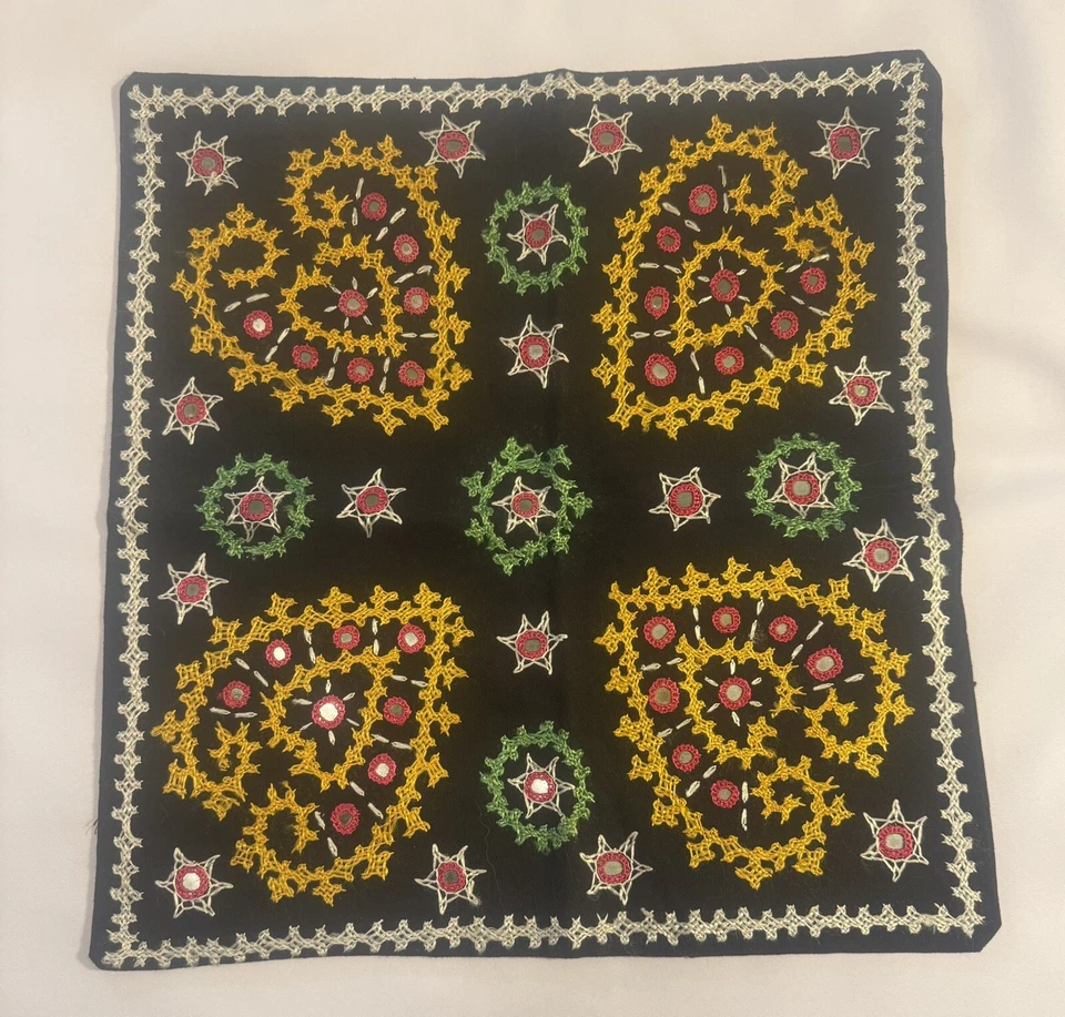 2 Vintage Embroidered Pillow Covers W/ Mirrors & Snap Closure 18” X 18” - Image 2 of 4