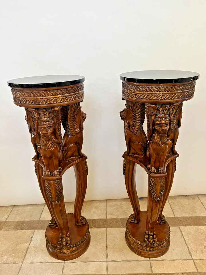 Vintage Pair Large Plant Stands Winged Lions Faux Bronze Marble Resin