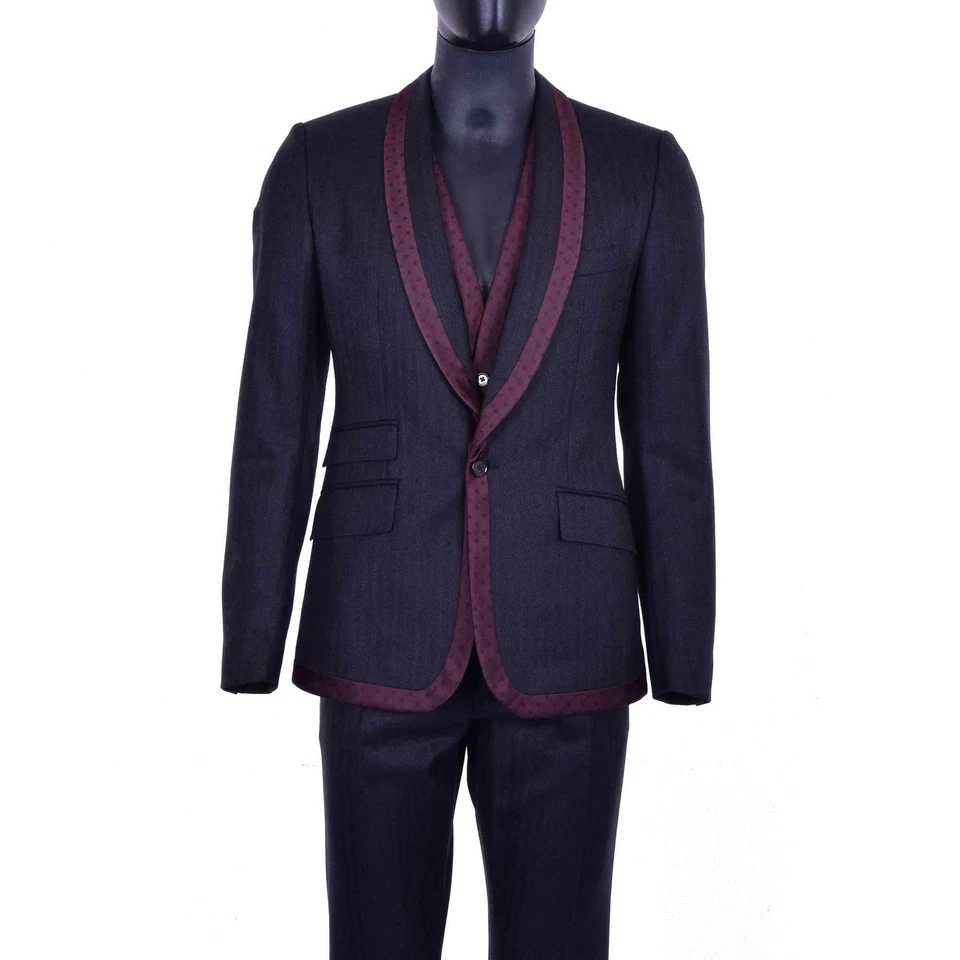 Dolce & Gabbana 3 Pièces Laine Costume Blazer Pantalon Gilet Gris Bordeaux 06922 - Photo 2/4