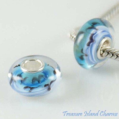 Blue Birds Flying Seagulls Murano Glass 925 Sterling Silver European Bead Charm