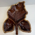 VTG HULL Pottery Leaf Shaped Divided Serving Dish Brown Drip Glaze Oven Safe USA