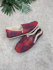 TOMS Shoes Womens Size 9 Red Plaid Faux Fur Lined Slip On Flats Comfort