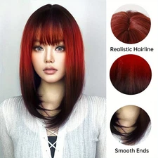 14in Ombre Red Black Straight Wig w/Fringe Bangs Cosplay Hair Daily/Halloween