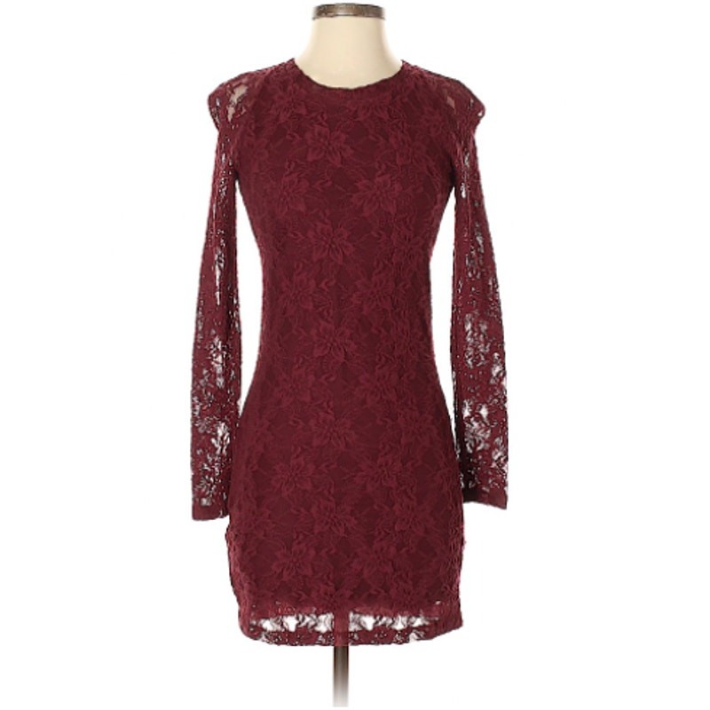 Sunday Best Aritzia Burgundy Floral Lace Long Sleeve Mini Dress XS  FRL2-8416-44