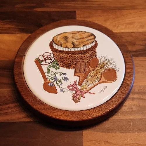 Vintage 70s or 80s MCM Ceramic and Wood Round Kitchen Trivet Wall Hanging - product listing photo