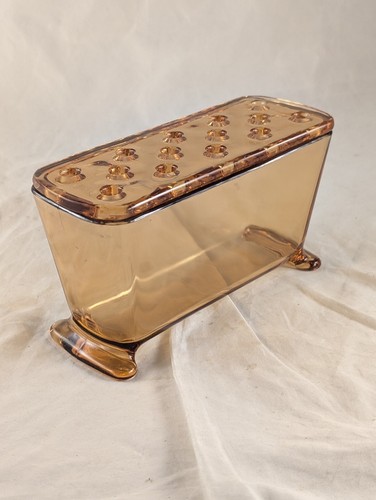 Vintage Amber Depression Glass Footed Window Box Vase Flower Frog Nice - Picture 3 of 17