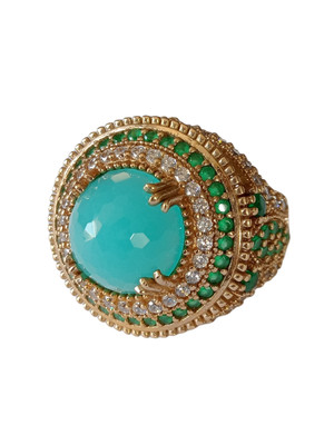 Turkish 925 Sterling Silver Aquamarine Quartz Round Hurrem Sultan Ring Size 9.75