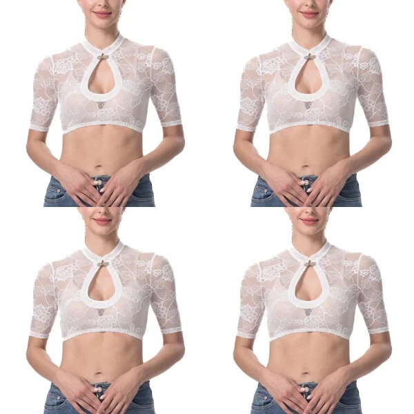 Dirndlparty Dirndl Bluse Halbarm Weiß, Mandarinkragen Gr. 34-46 - Bild 2 von 4