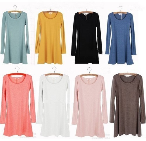 USA-Women-Girl-Fashion-Cotton-O-Neck-Long-Sleeve-Grinding-Comfortable-Mini-Dress