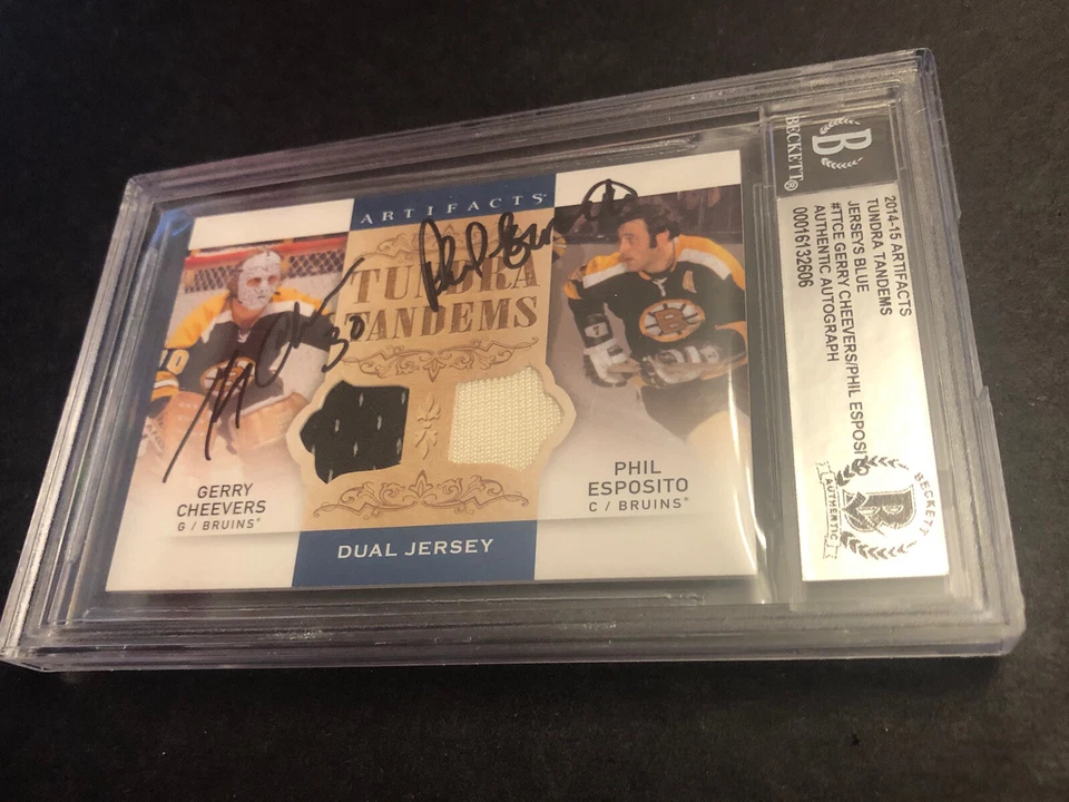 Beckett Slabbed Gerry Cheevers Phil Esposito Dual Auto Jerseys Tundra Tandems - Image 3 of 4