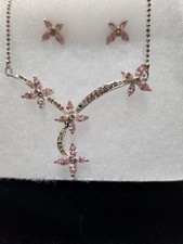 Pink And Clear Crystal Set 16 Inch Sparkling Necklace With Earrings Brand New