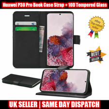 Huwei P30 Pro Leather Flip Wallet Book Case Strap + 10D Tempered Glass Protector