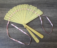 Lovely Vintage Ivory Colored Plastic Lady's Fan w/ Handle  Pink Ribbon