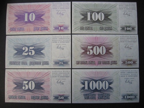 BOSNIA - HERZEGOVINA 10 + 25 + 50 + 100 + 500 + 1000 Dinara 1992 (P10-15) UNC - Picture 2 of 2