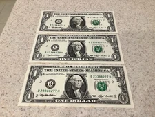 1993 $1 Web Note FRN BH Block 1/9 ~ 3 Consecutive Notes B23388277 - 79H