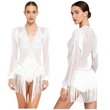 Womens Dancewear Sequins Dress Shiny Leotard Long Sleeve Jumpsuit Rhinestones