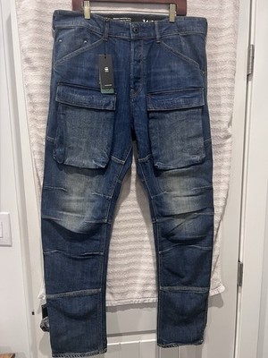 G Star RAW 3D Straight Tapered Denim Cargo Mens Blue Jeans, 34x34 New With Tags