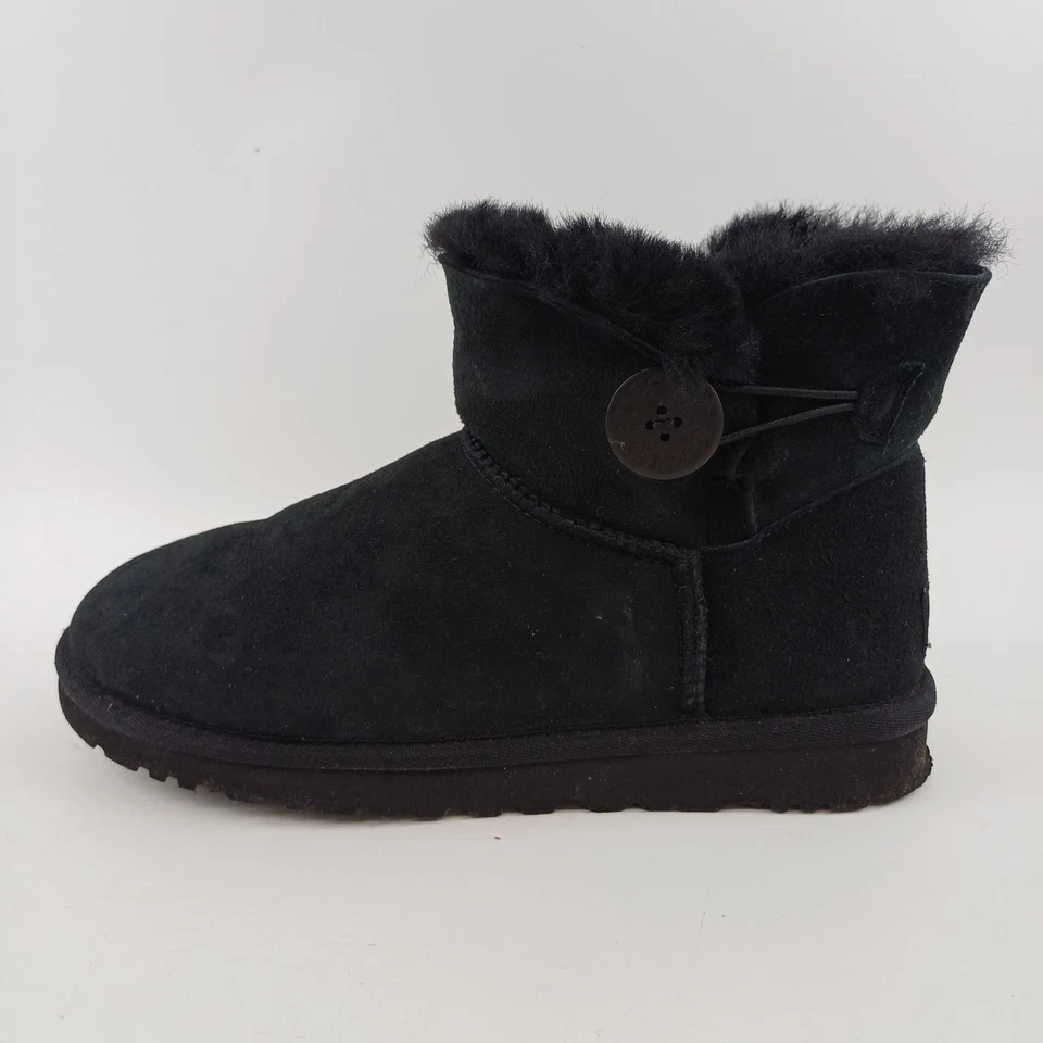 Boxed UGG Mini Bailey Button II Boots Black Sheepskin Suede Size 6.5, photo 3 of 5