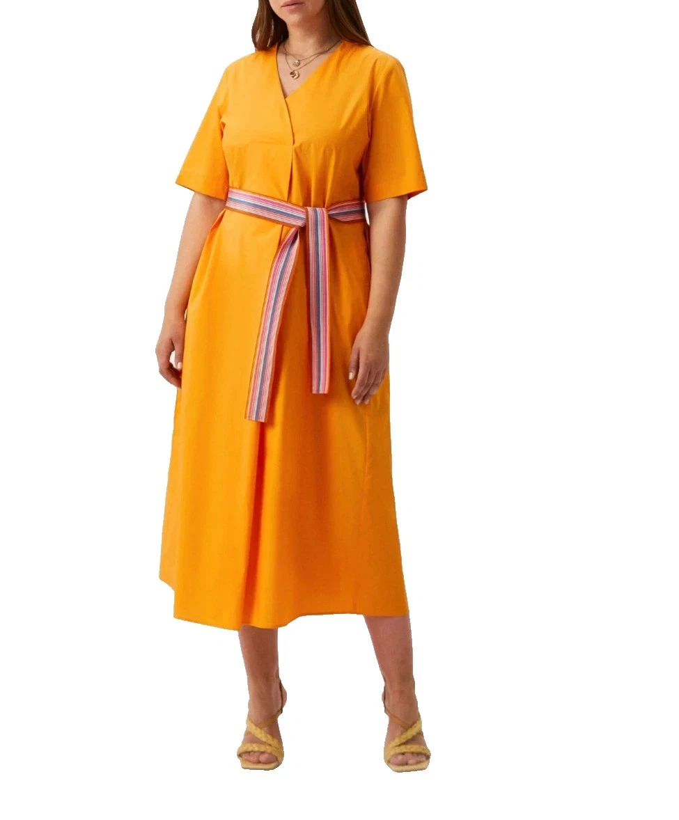 Abito midi da donna, estivo, a maniche corte, girocollo, casual, con tasche, prendisole simile al lino, Arancione, M