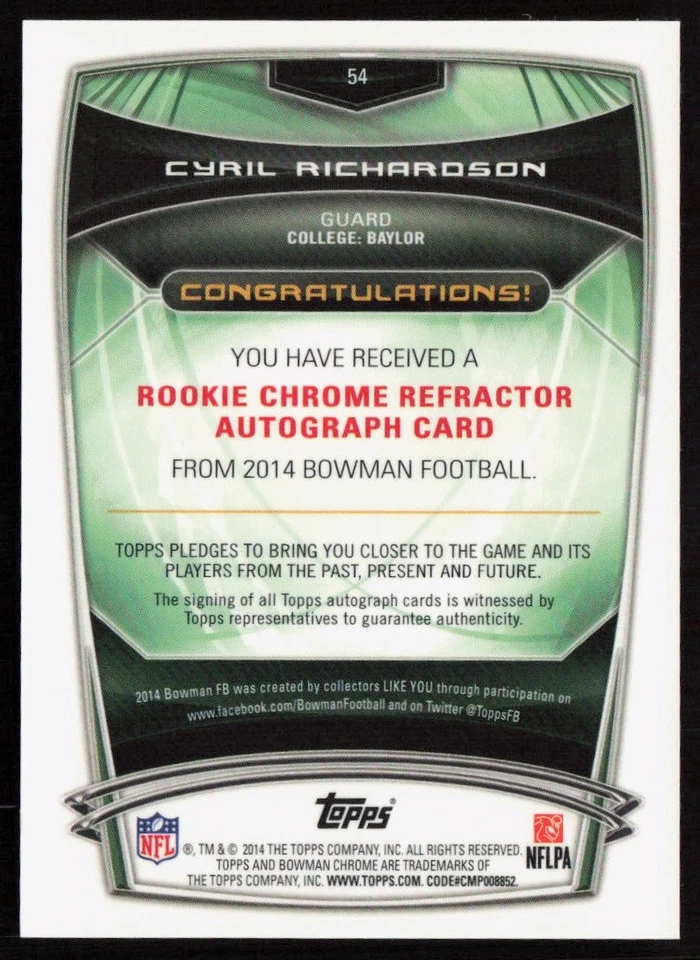 Cyril Richardson 2014 Bowman Chrome Rookie Auto Refractors #54 - Baylor Bears - Image 2 of 2