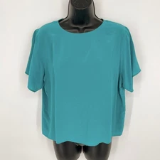 Tess VINTAGE Blouse Top Sz L Turquoise Blue 100% Silk Short Sleeve Lightweight