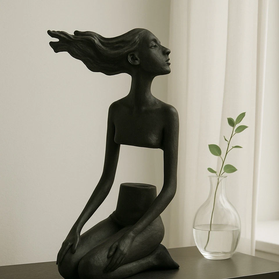 Escultura Modernista Mujer Arrodillada Abstracta Negra Diseño Estudio Apertura Central Foto 3 de 4