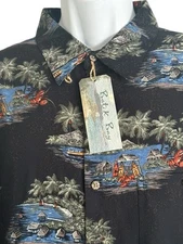 Batik Bay Men Hawaiian Camp XL Aloha Shirt Black Fishing Village Lobster NWT $46