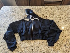 PrettyLittleThing Women's Black Zip Front Thick Drawstring Cropped Hoodie size S