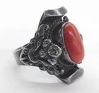Vtg Antique Chinese Export Sterling Silver Red Coral Flower Iris Ring Size 8 FZZ