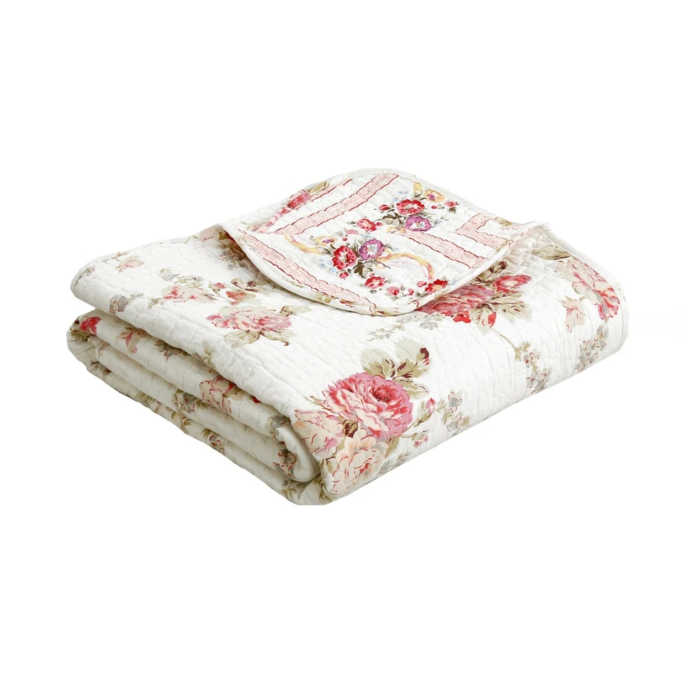 Spring Peony Pink Red Floral Printed Reversible Cotton Quilted Throw  - Image 2 of 4