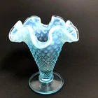 Vintage Fenton Vase Blue/Milk Opalescent Hobnail French Ruffle 1940-50's 3.75"