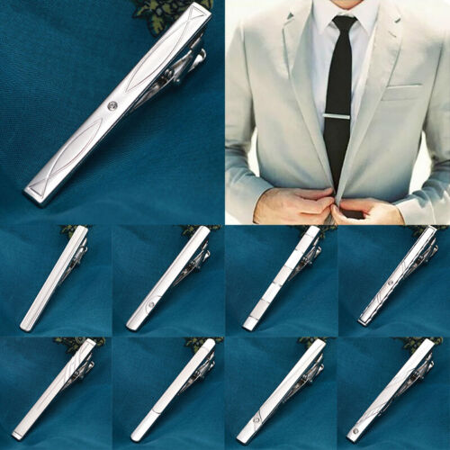 Mens Silver Tie Clip Stylish Chrome Clasp Bar Metal Pin Christmas Gift Necktie - Picture 1 of 28