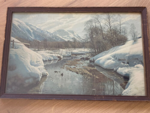 Vintage 1970s Lithograph Print Snowy Mountain River Landscape 14"x9" FRAMED - Picture 1 of 13