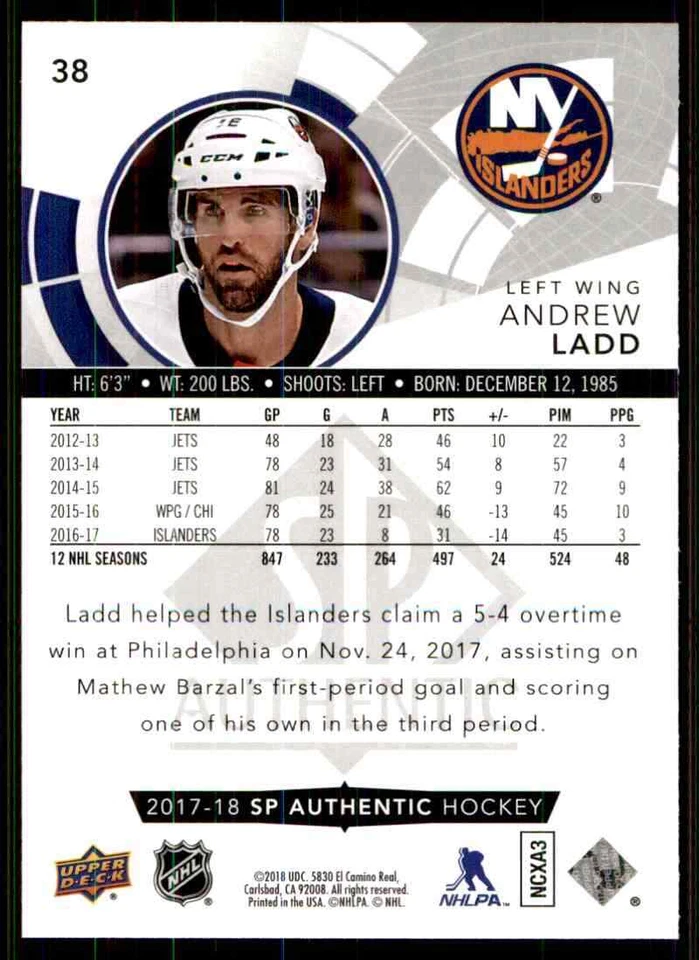 2017-18 Upper Deck SP Authentic Andrew Ladd #38 - Image 2 of 2