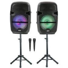 QFX PBX-808TWS Twin 8-in Bluetooth Wireless Stereo Speaker Bundle with Stands