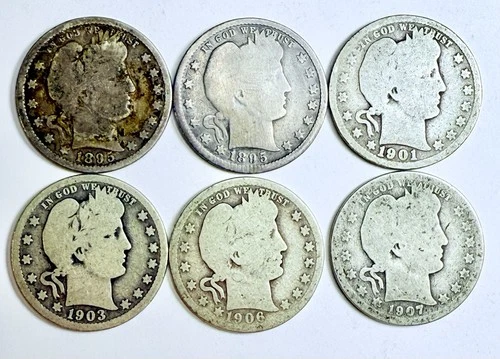 Barber Quarters Lot Of 6 Coins ~ Full Readable Dates - 90% Silver