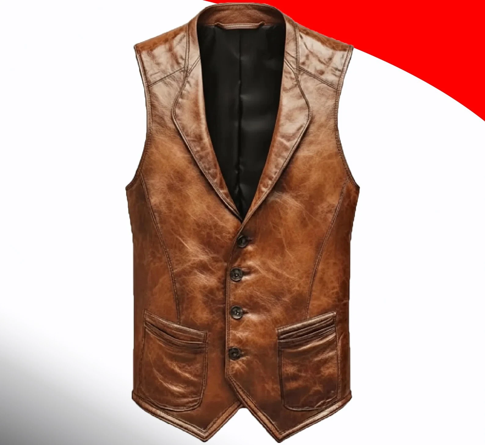 Men's Tan Brown Leather Biker Vest Motorcycle Buttoned Waistcoat Gilet Jacket