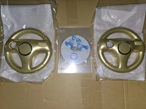 Nintendo Wii Mario Kart Disc W/2 Gold Wheels - Tested & Works - MINTY DISC