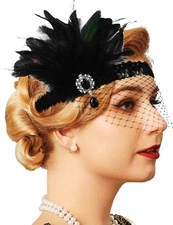 1920s Flapper Headband Black Feather Headpiece Sequin Mesh Headbands Cocktail...