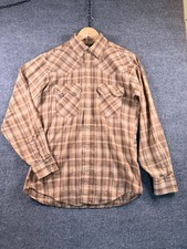 VTG 70s Levis Shirt Western Pearl Snap Plaid Tan Brown Rockabilly Size Medium