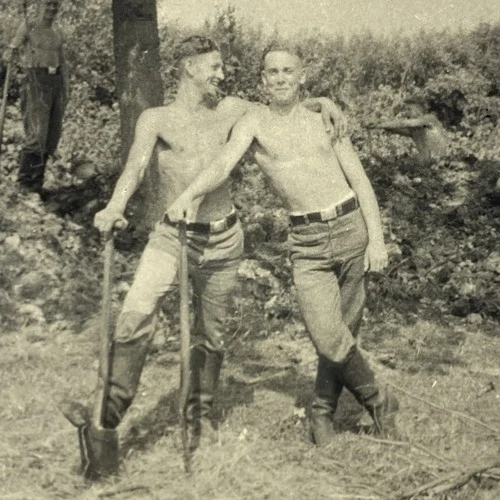 Vintage Snapshot Photo Shirtless German Soldiers Men Arm In Arm Outdoors WW2 Era