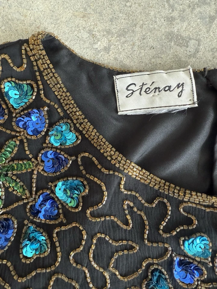 VINTAGE STENAY SEQUINS TOP SILK BLOUSE BEADED FLORAL 80S DESIGNER SEQUENCE DISCO - Image 4 of 4