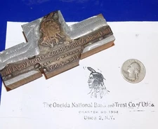 Antique Oneida National Bank & Trust Utica NY Indian Head Logo Printers Block