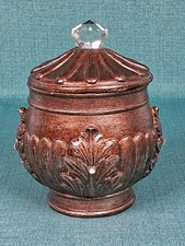 Vintage 6" Bombay Decorative Jar w/ Lid & Crystal Finial ~ Brown Ornate Leaves