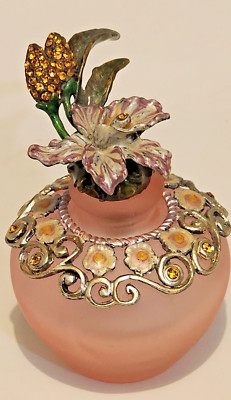 Frosted Pink Iris Flower Perfume Bottle Metal Enamel Flower Bejeweled Stopper