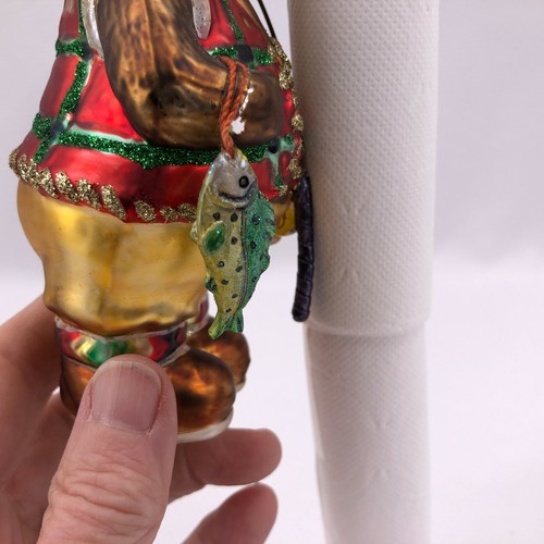 Ornament Blown Glass Bear Holding a Fishing Pole & Fish w/Creel Basket 7" - Picture 10 of 11