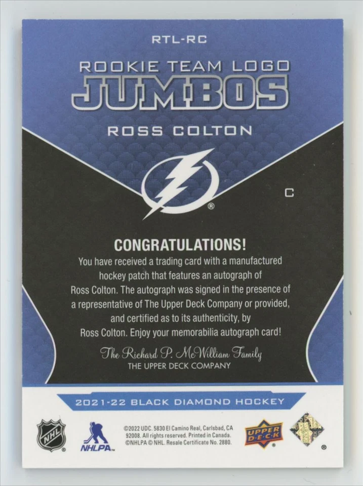2021-22 Black Diamond Rookie Team Jumbo Autograph Ross Colton RC Auto 11/25 - Image 2 of 2