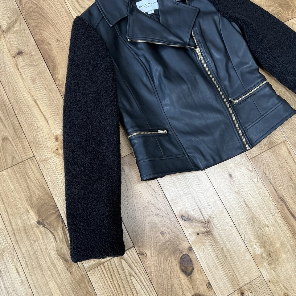Chaqueta COLE HAAN Negra Cuero Suave Motociclista Estilo Moto Mangas Vellón Cremallera Completa XS Foto 3 de 4